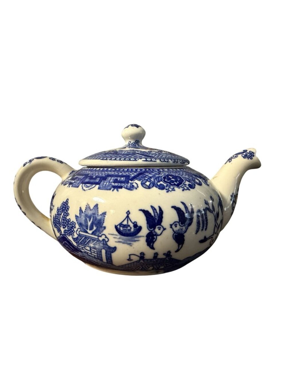 Blue & White Porcelain Teapot With Lid Asian-Inspired Willow Pattern Vintage Tab